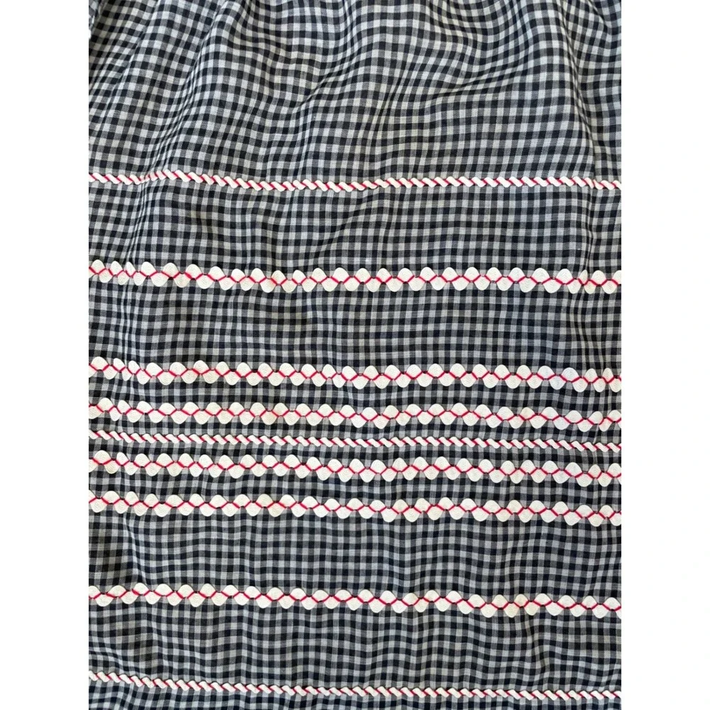 Vintage Handmade Black White Gingham Smocked Half Apron Red Trim Retro 50s Style